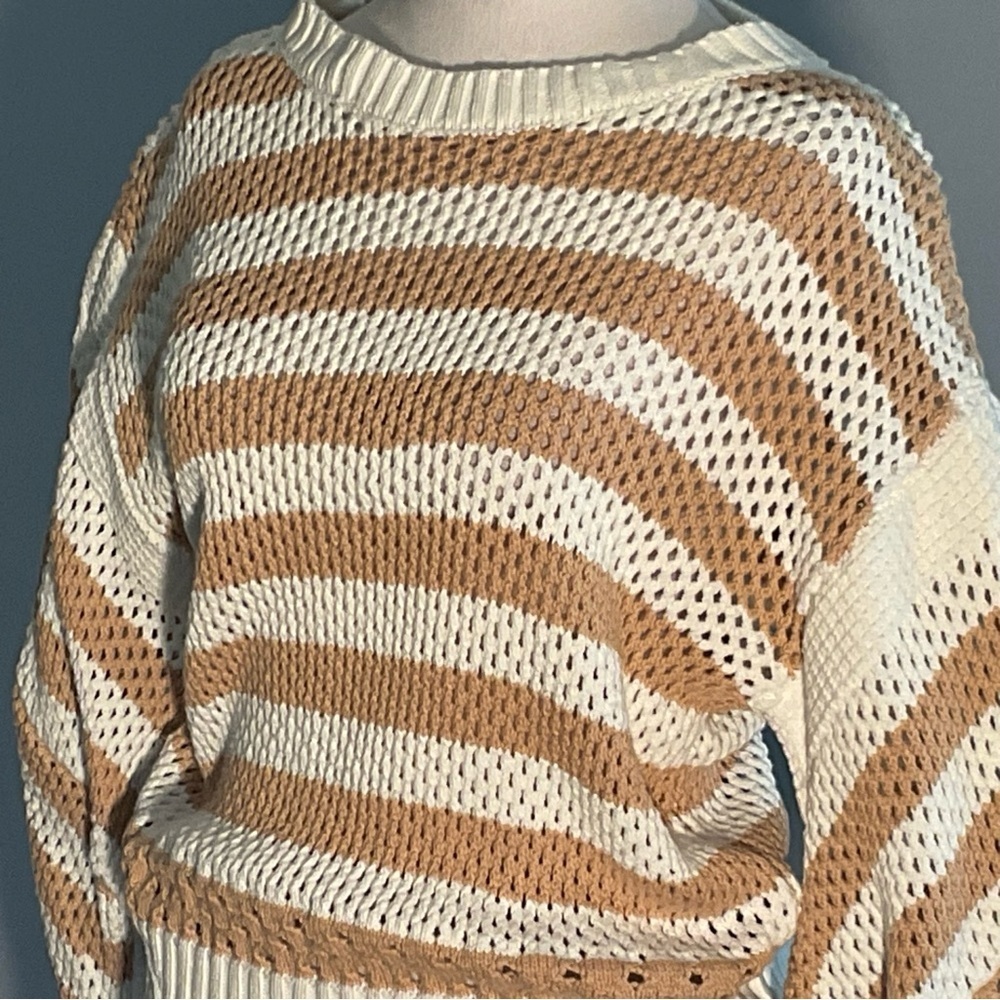 Elan Cozy Stripe Cotton Sweater XL Neutral Boho Chunky Knit Pullover - Picture 8 of 16